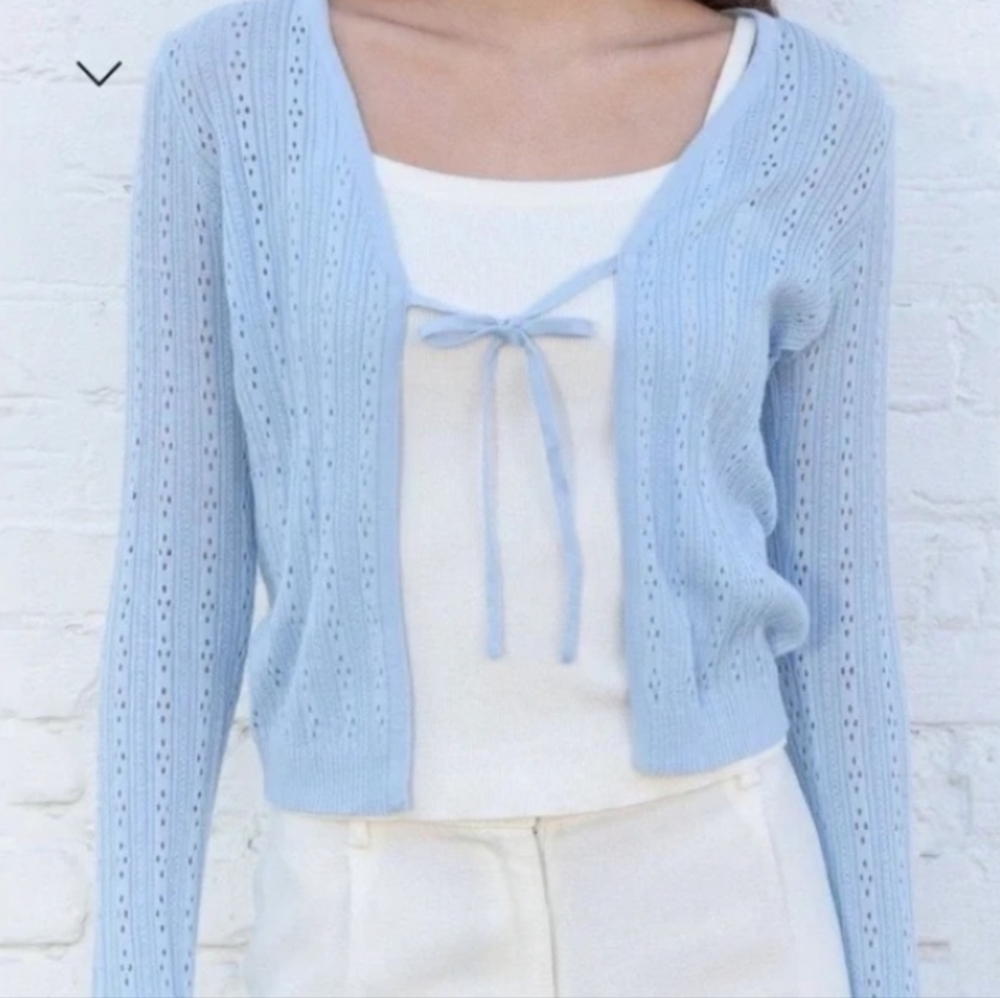 Brandy Melville Greta Tie Front Baby Blue Pointelle Cotton Cardigan OS XS S